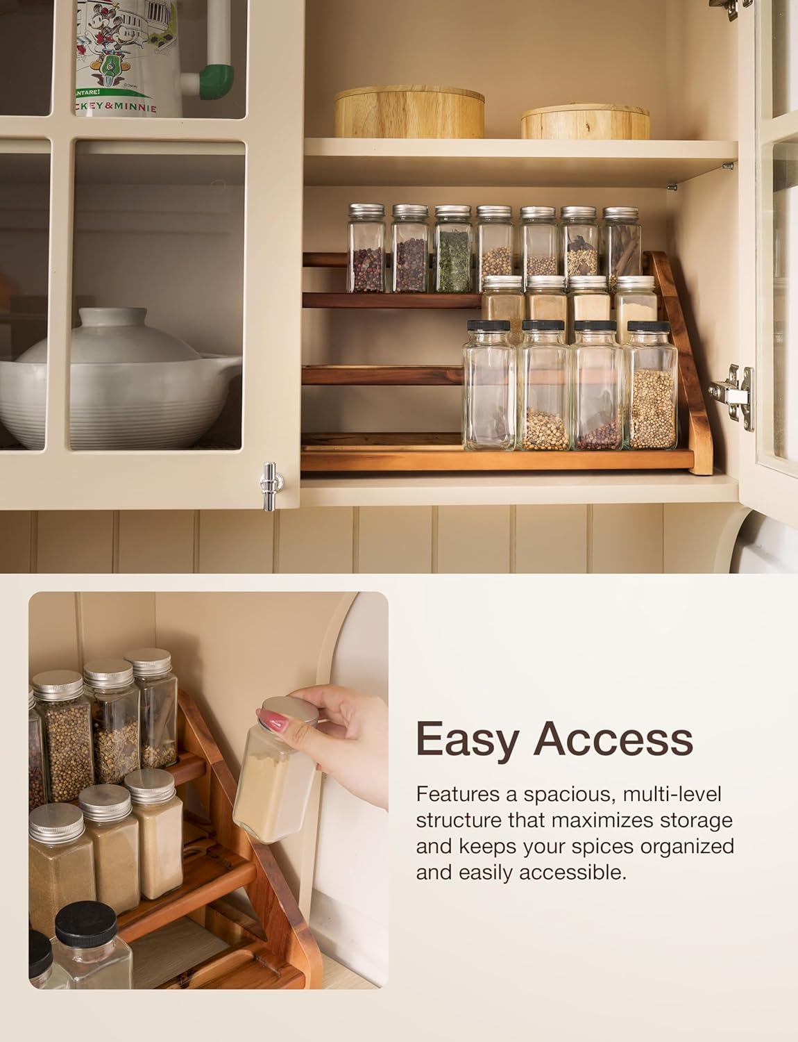 Acacia Wood Spice Rack for Countertop - Wooden Tray Holds 24 Jars Spice Racks Organizer for Storage Shelf - 3 Tiered Spice Rack Organizer for Cabinet - Spice Shelf for Kitchen Pantry (Acacia)