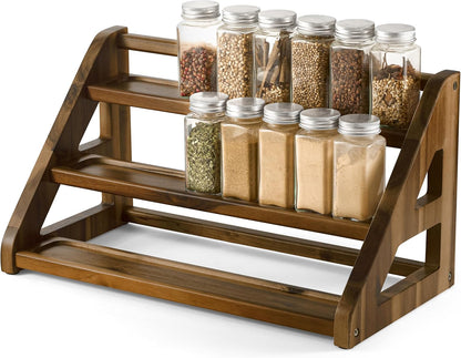 Acacia Wood Spice Rack for Countertop - Wooden Tray Holds 24 Jars Spice Racks Organizer for Storage Shelf - 3 Tiered Spice Rack Organizer for Cabinet - Spice Shelf for Kitchen Pantry (Acacia)