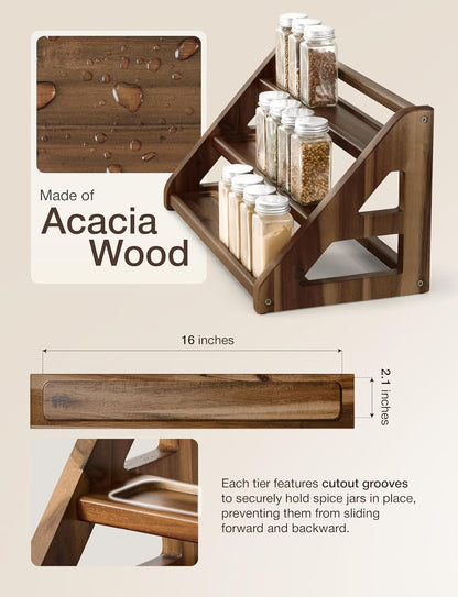 Acacia Wood Spice Rack for Countertop - Wooden Tray Holds 24 Jars Spice Racks Organizer for Storage Shelf - 3 Tiered Spice Rack Organizer for Cabinet - Spice Shelf for Kitchen Pantry (Acacia)