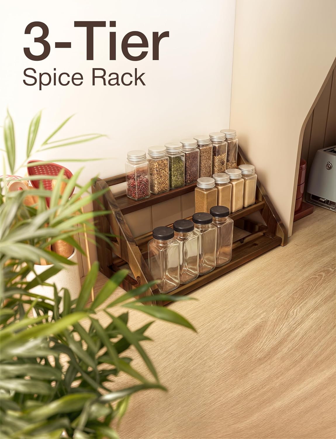 Acacia Wood Spice Rack for Countertop - Wooden Tray Holds 24 Jars Spice Racks Organizer for Storage Shelf - 3 Tiered Spice Rack Organizer for Cabinet - Spice Shelf for Kitchen Pantry (Acacia)