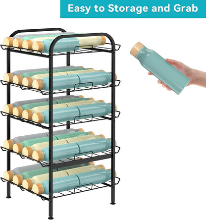Water Bottle Organizer 7 Tier Freestanding Water Bottle Storage Organizer Metal Bottle Rack Holder Stand Shelf for Kitchen Pantry Food Storage (Black)