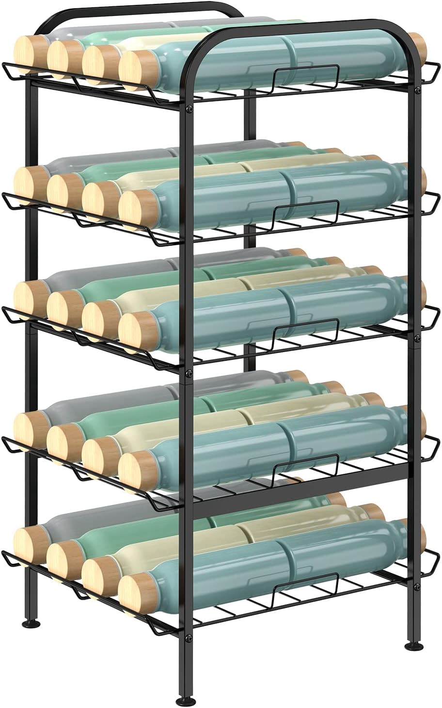 Water Bottle Organizer 7 Tier Freestanding Water Bottle Storage Organizer Metal Bottle Rack Holder Stand Shelf for Kitchen Pantry Food Storage (Black)