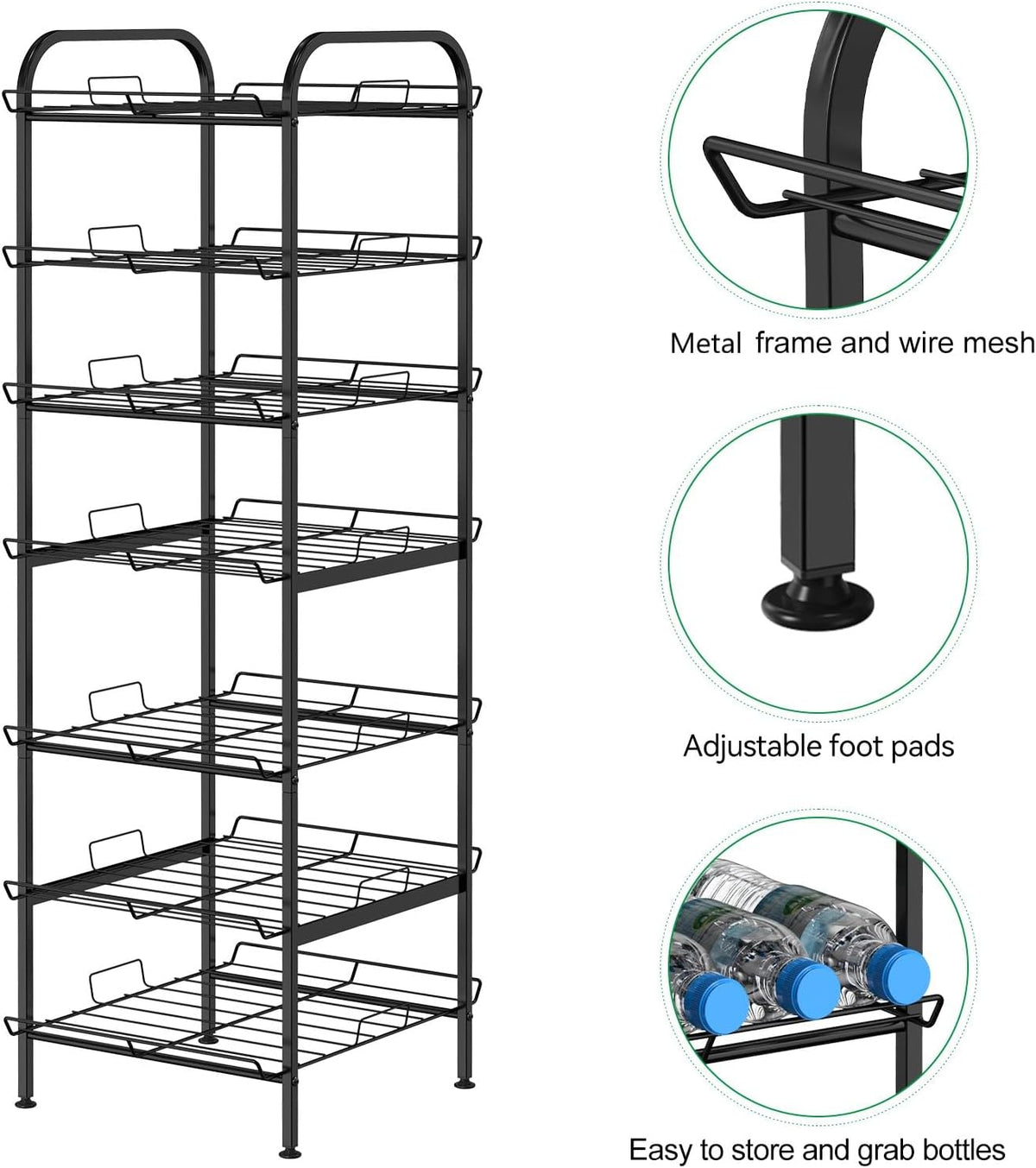 Water Bottle Organizer 7 Tier Freestanding Water Bottle Storage Organizer Metal Bottle Rack Holder Stand Shelf for Kitchen Pantry Food Storage (Black)