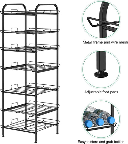 Water Bottle Organizer 7 Tier Freestanding Water Bottle Storage Organizer Metal Bottle Rack Holder Stand Shelf for Kitchen Pantry Food Storage (Black)