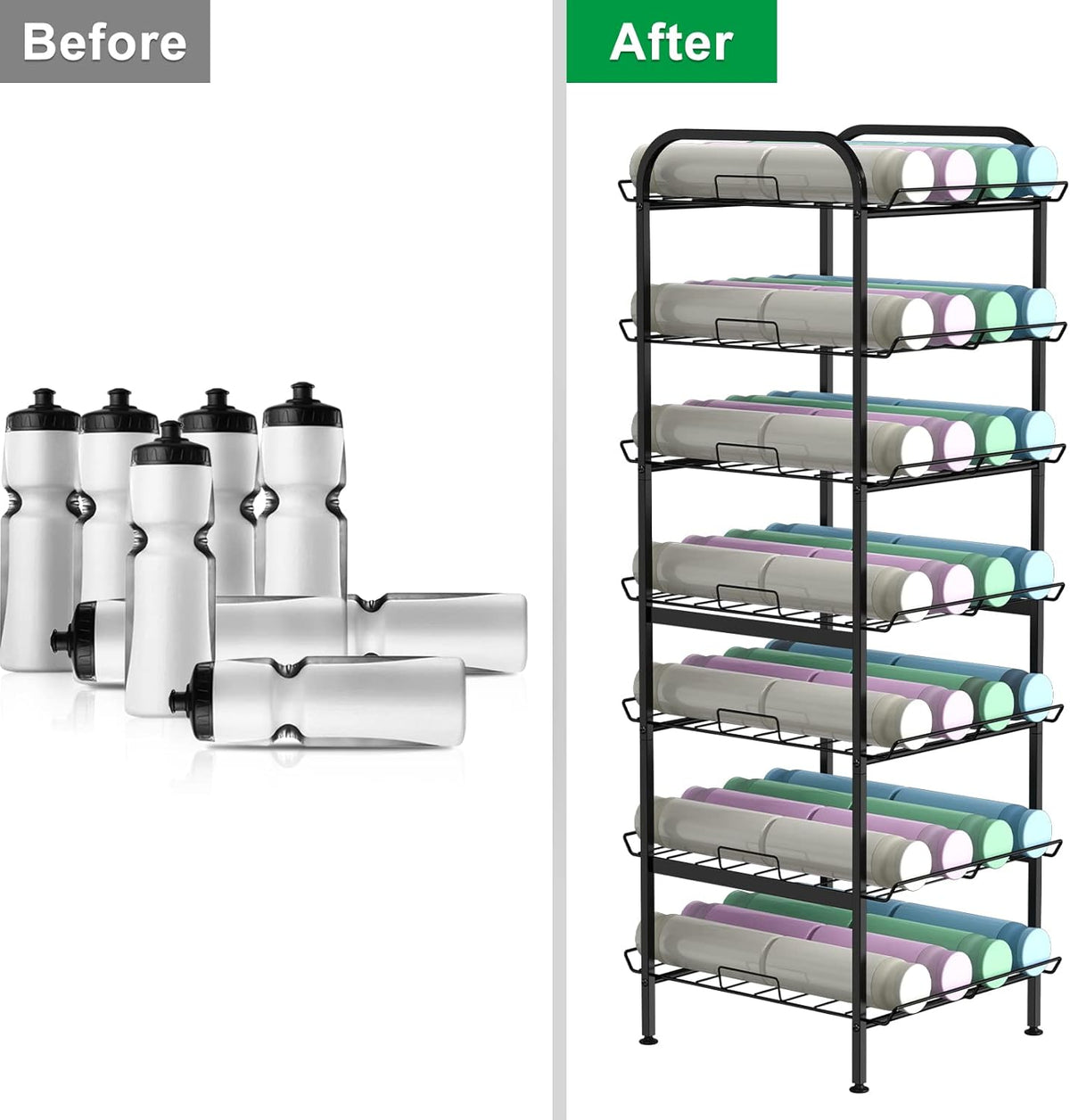 Water Bottle Organizer 7 Tier Freestanding Water Bottle Storage Organizer Metal Bottle Rack Holder Stand Shelf for Kitchen Pantry Food Storage (Black)