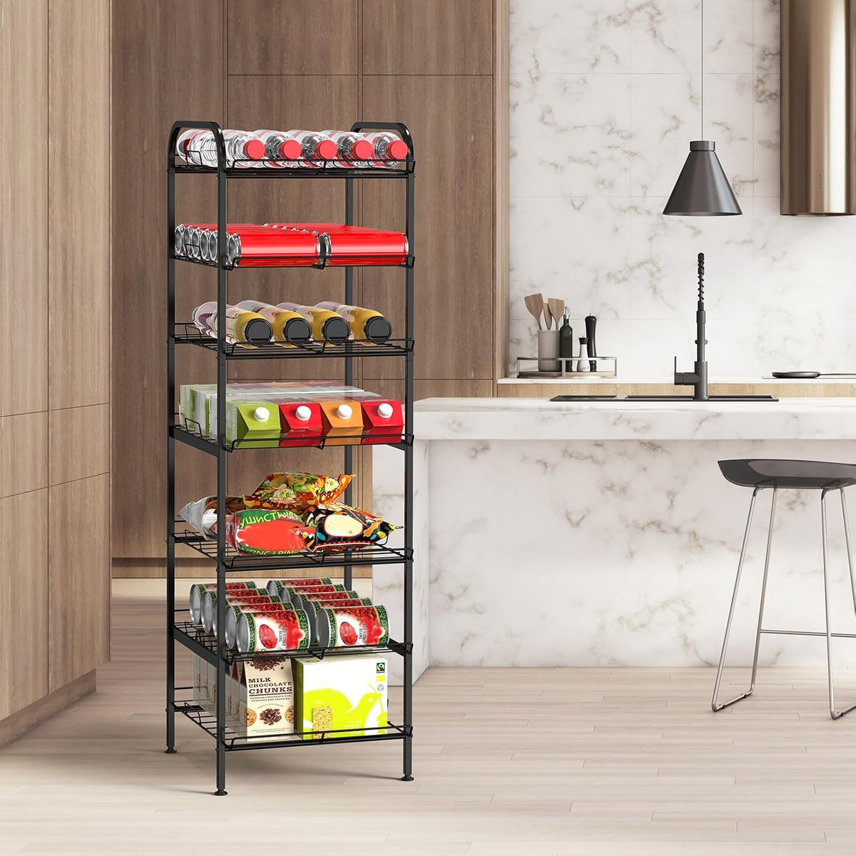 Water Bottle Organizer 7 Tier Freestanding Water Bottle Storage Organizer Metal Bottle Rack Holder Stand Shelf for Kitchen Pantry Food Storage (Black)