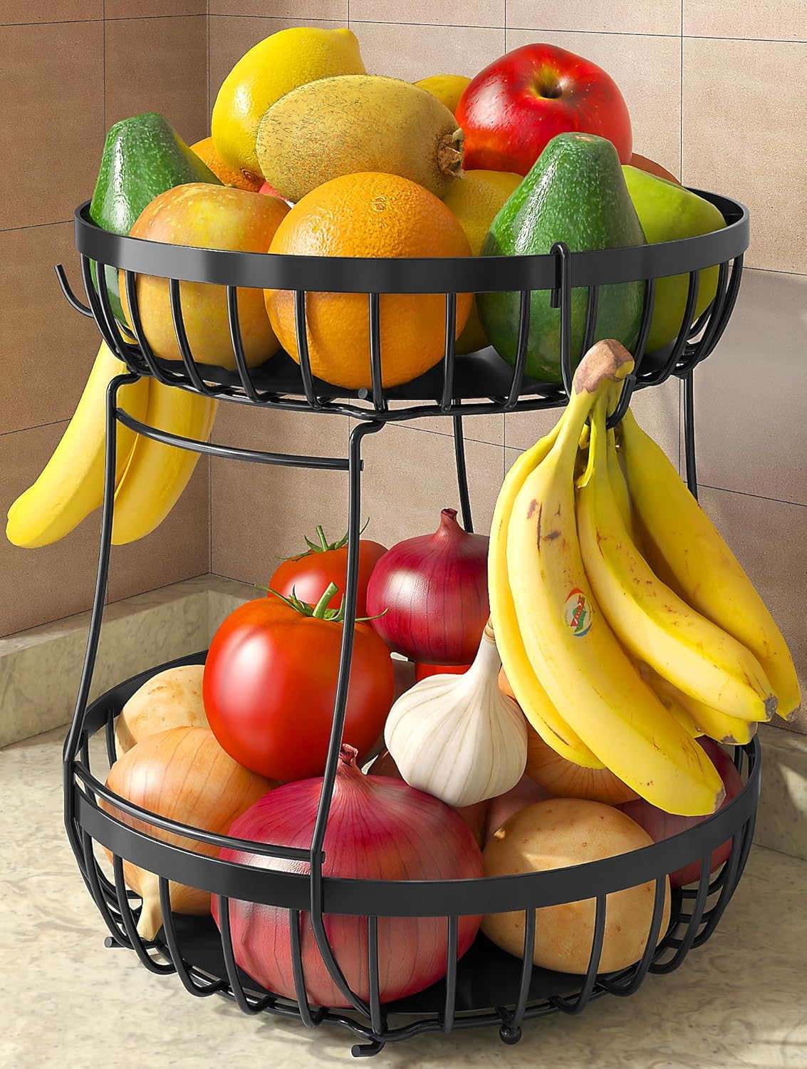 2 Tier Large Fruit Bowl for Kitchen Counter with 2 Banana Hangers