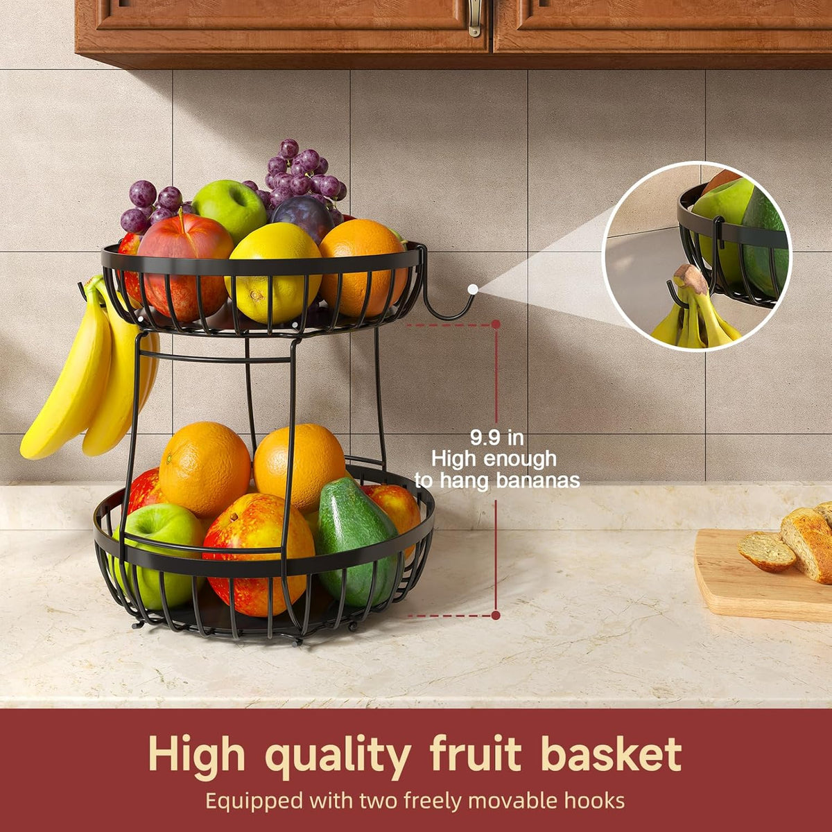 2 Tier Large Fruit Bowl for Kitchen Counter with 2 Banana Hangers