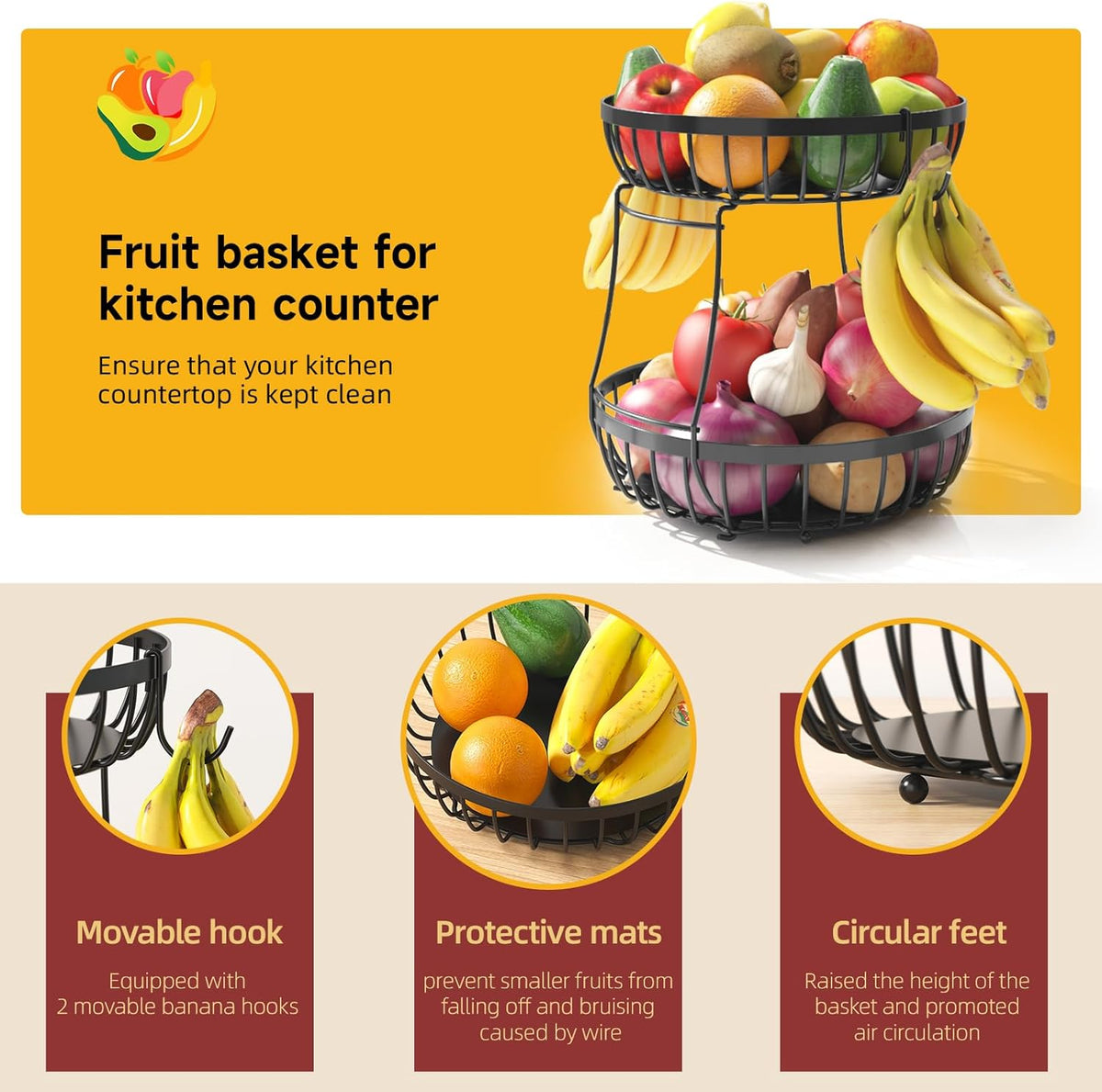 2 Tier Large Fruit Bowl for Kitchen Counter with 2 Banana Hangers