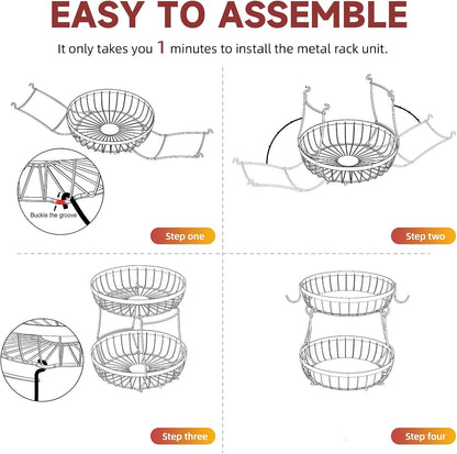 2 Tier Large Fruit Bowl for Kitchen Counter with 2 Banana Hangers