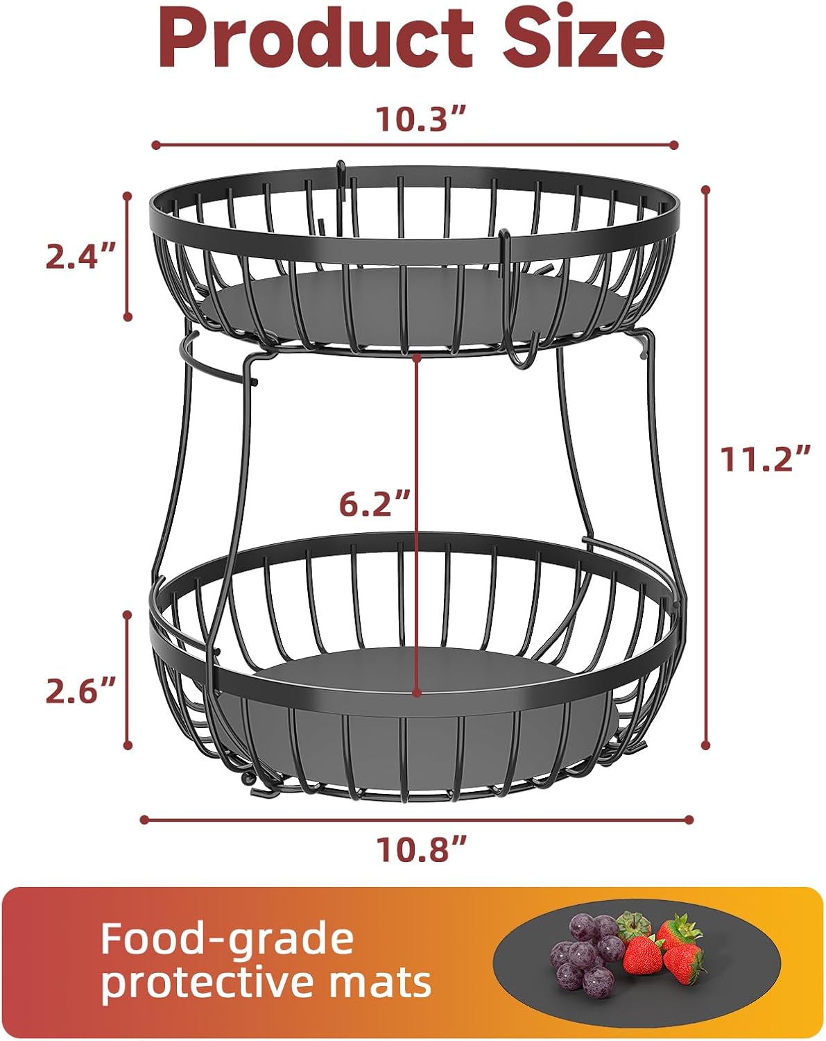 2 Tier Large Fruit Bowl for Kitchen Counter with 2 Banana Hangers