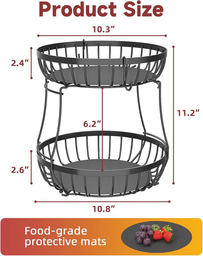 2 Tier Large Fruit Bowl for Kitchen Counter with 2 Banana Hangers