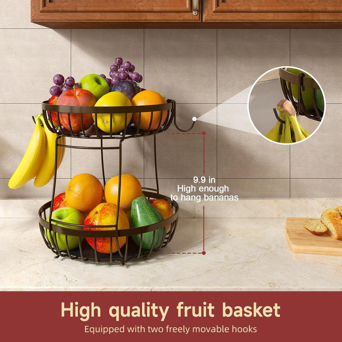 2 Tier Large Fruit Bowl for Kitchen Counter with 2 Banana Hangers