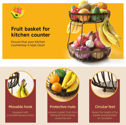 2 Tier Large Fruit Bowl for Kitchen Counter with 2 Banana Hangers