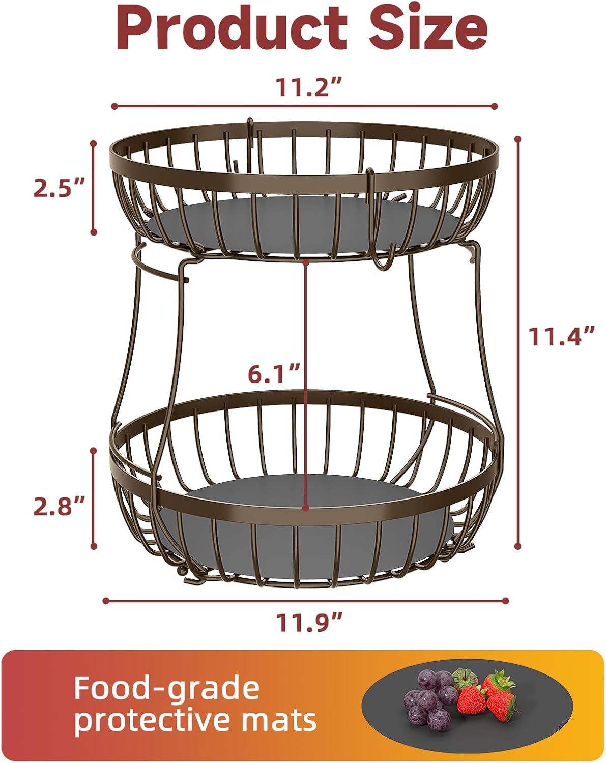2 Tier Large Fruit Bowl for Kitchen Counter with 2 Banana Hangers