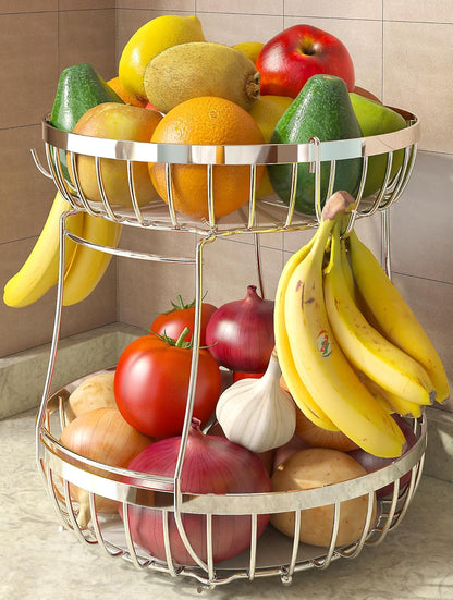 2 Tier Large Fruit Bowl for Kitchen Counter with 2 Banana Hangers