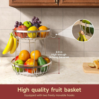 2 Tier Large Fruit Bowl for Kitchen Counter with 2 Banana Hangers