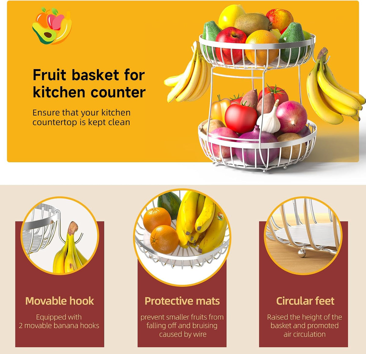 2 Tier Large Fruit Bowl for Kitchen Counter with 2 Banana Hangers