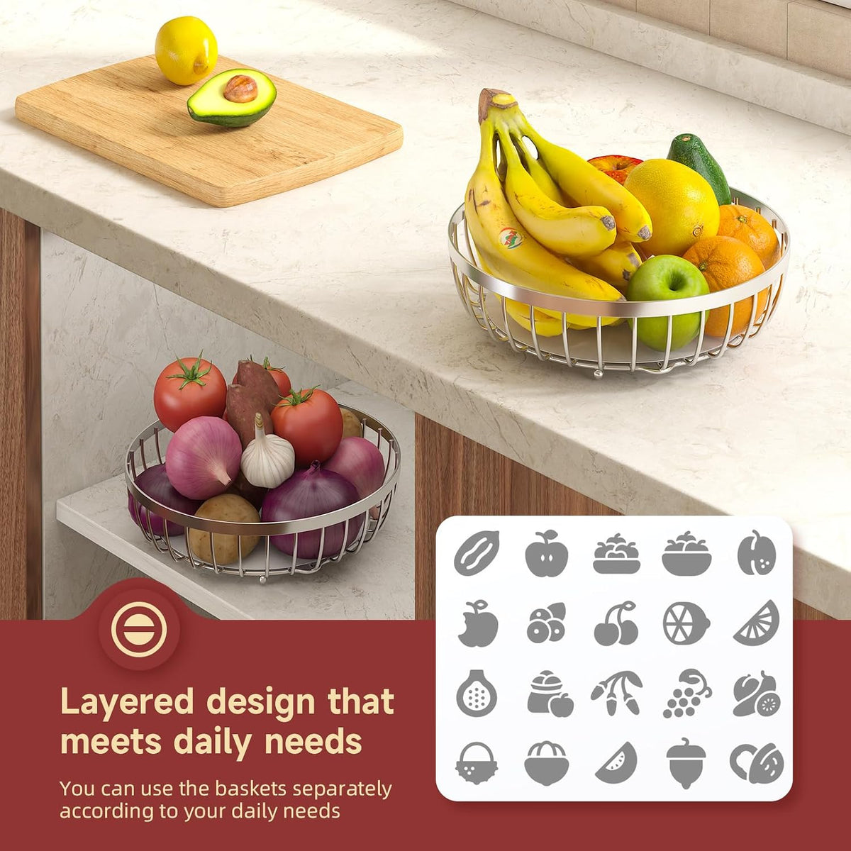 2 Tier Large Fruit Bowl for Kitchen Counter with 2 Banana Hangers