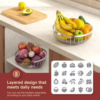 2 Tier Large Fruit Bowl for Kitchen Counter with 2 Banana Hangers