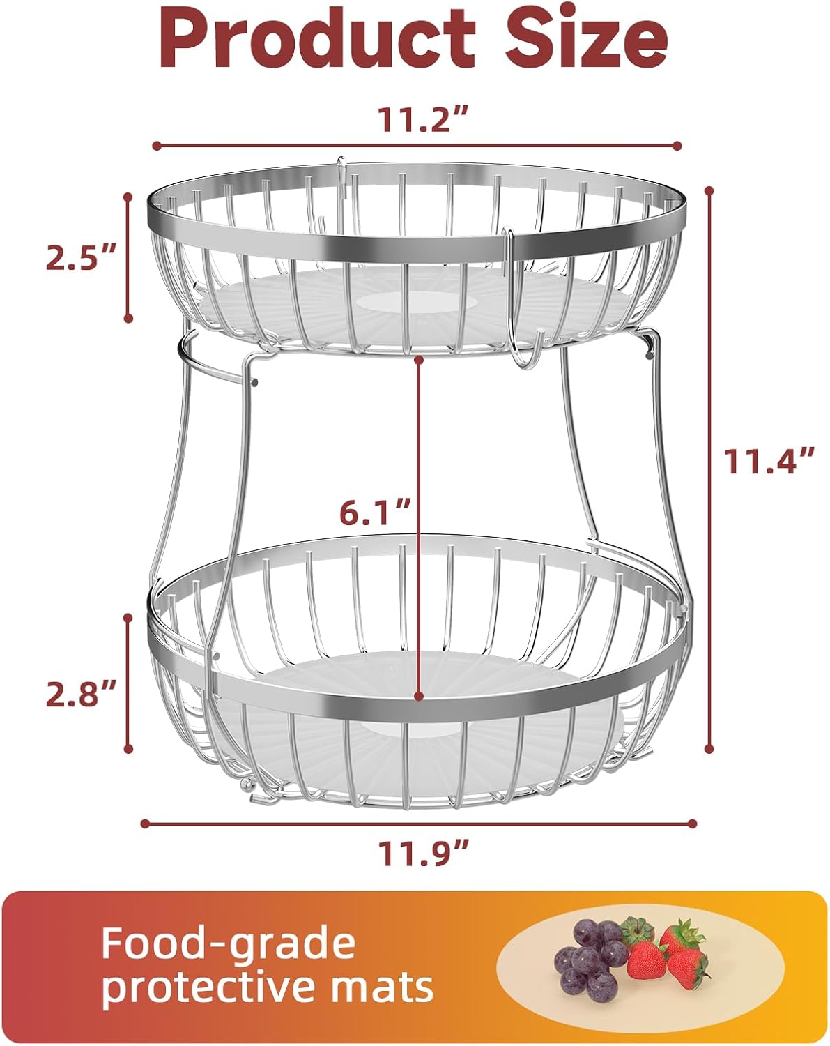 2 Tier Large Fruit Bowl for Kitchen Counter with 2 Banana Hangers