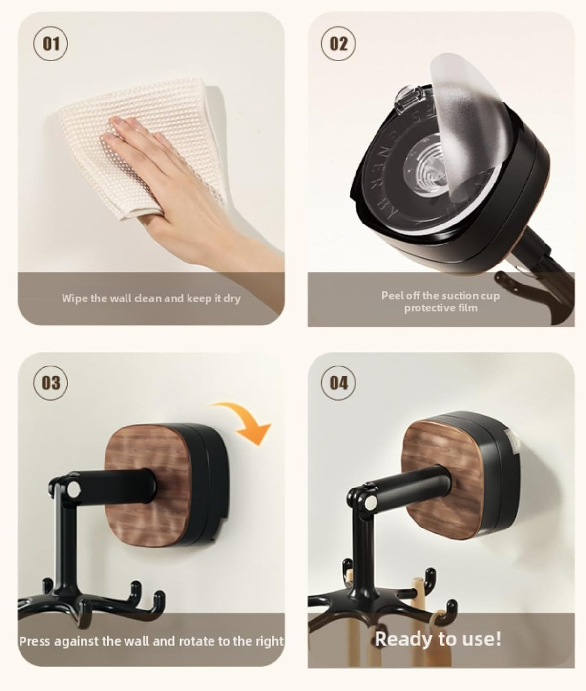 Suction Cup Kitchen Utensil Hook with 6 Hooks, 360° Swivel Wall-Mounted Hook Holder, Adhesive No-Drill Hanger for Pots, Pans, Spatulas, Towels, Brown