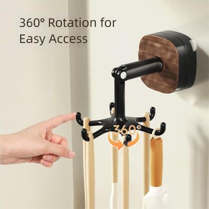 Suction Cup Kitchen Utensil Hook with 6 Hooks, 360° Swivel Wall-Mounted Hook Holder, Adhesive No-Drill Hanger for Pots, Pans, Spatulas, Towels, Brown