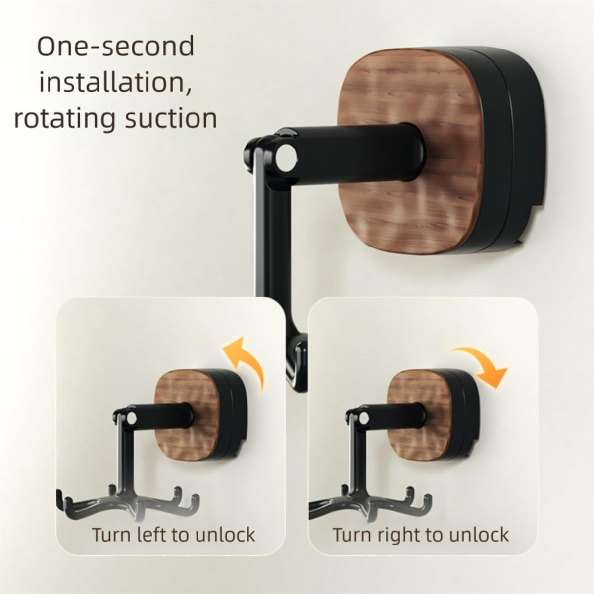 Suction Cup Kitchen Utensil Hook with 6 Hooks, 360° Swivel Wall-Mounted Hook Holder, Adhesive No-Drill Hanger for Pots, Pans, Spatulas, Towels, Brown