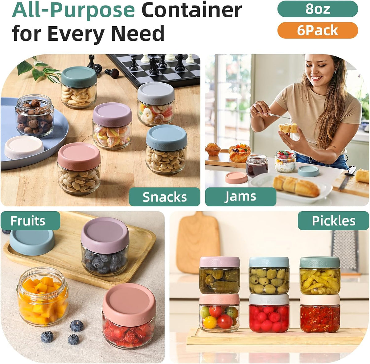 2oz Glass Salad Dressing Containers, 6-Pack Small Sauce Containers with Lids and Mini Condiment Cups Containers,To Go Glass Jars for Meal Prep Lunch box