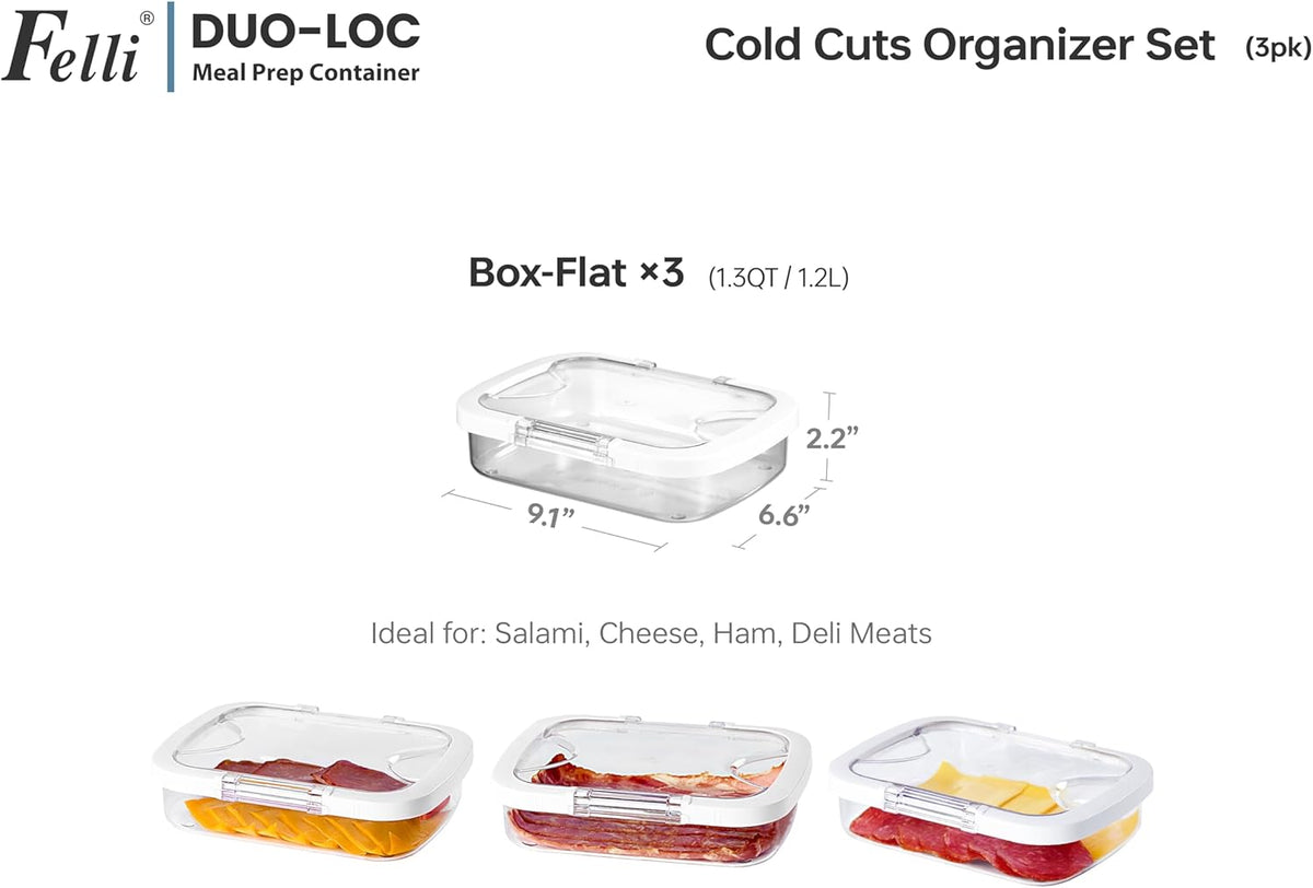 Duo Loc Deli Meat Containers for Fridge with Airtight Lids, Stackable Refrigerator Organizer for Lunch Meat Storage Sandwich Ham Cheese Salami Sliced Turkey, Clear Tritan Box (Cold Cuts 3pk)