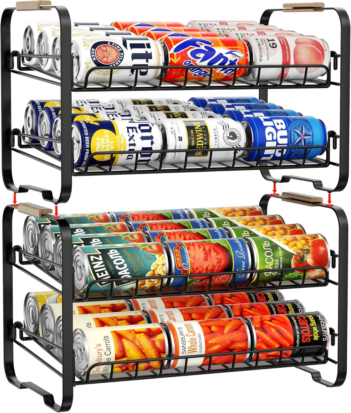 4 Tier Can Organizer for Pantry, 16.9" W×11.5" D×16.7" H, Space-Saving Adjustable Metal Hold 40 Standard 12-oz Cans Storage Rack Holder for Countertop Kitchen Soda Drinks Fruits, Chrome