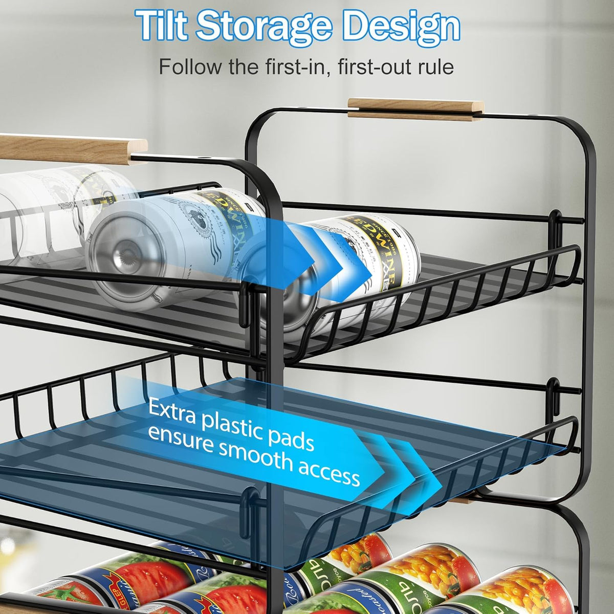 4 Tier Can Organizer for Pantry, 16.9" W×11.5" D×16.7" H, Space-Saving Adjustable Metal Hold 40 Standard 12-oz Cans Storage Rack Holder for Countertop Kitchen Soda Drinks Fruits, Chrome