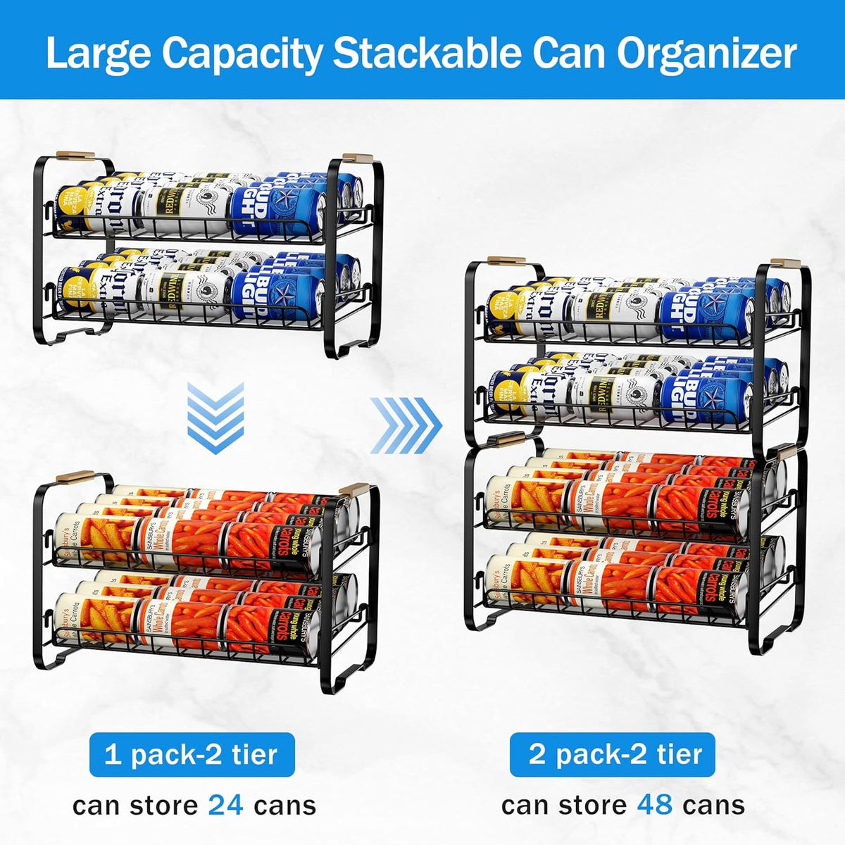 4 Tier Can Organizer for Pantry, 16.9" W×11.5" D×16.7" H, Space-Saving Adjustable Metal Hold 40 Standard 12-oz Cans Storage Rack Holder for Countertop Kitchen Soda Drinks Fruits, Chrome