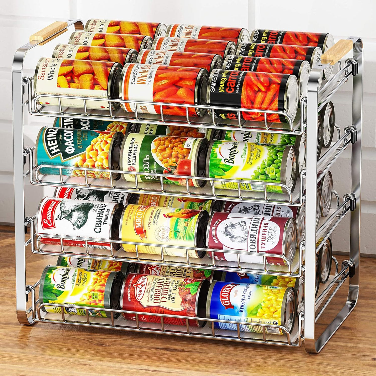 4 Tier Can Organizer for Pantry, 16.9" W×11.5" D×16.7" H, Space-Saving Adjustable Metal Hold 40 Standard 12-oz Cans Storage Rack Holder for Countertop Kitchen Soda Drinks Fruits, Chrome