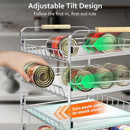 4 Tier Can Organizer for Pantry, 16.9" W×11.5" D×16.7" H, Space-Saving Adjustable Metal Hold 40 Standard 12-oz Cans Storage Rack Holder for Countertop Kitchen Soda Drinks Fruits, Chrome