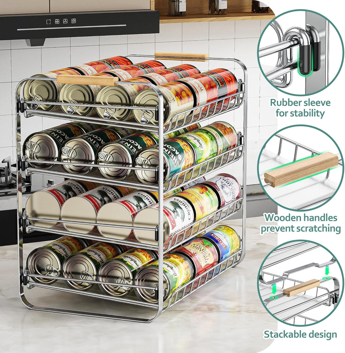 4 Tier Can Organizer for Pantry, 16.9" W×11.5" D×16.7" H, Space-Saving Adjustable Metal Hold 40 Standard 12-oz Cans Storage Rack Holder for Countertop Kitchen Soda Drinks Fruits, Chrome