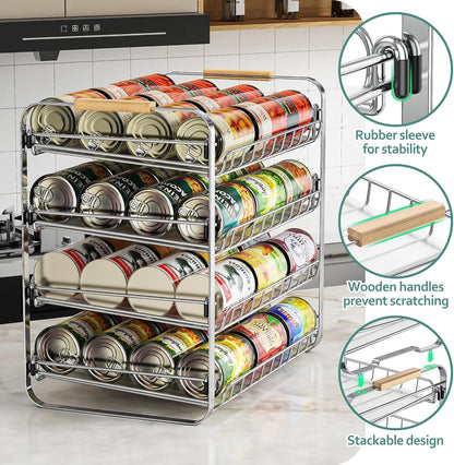 4 Tier Can Organizer for Pantry, 16.9" W×11.5" D×16.7" H, Space-Saving Adjustable Metal Hold 40 Standard 12-oz Cans Storage Rack Holder for Countertop Kitchen Soda Drinks Fruits, Chrome