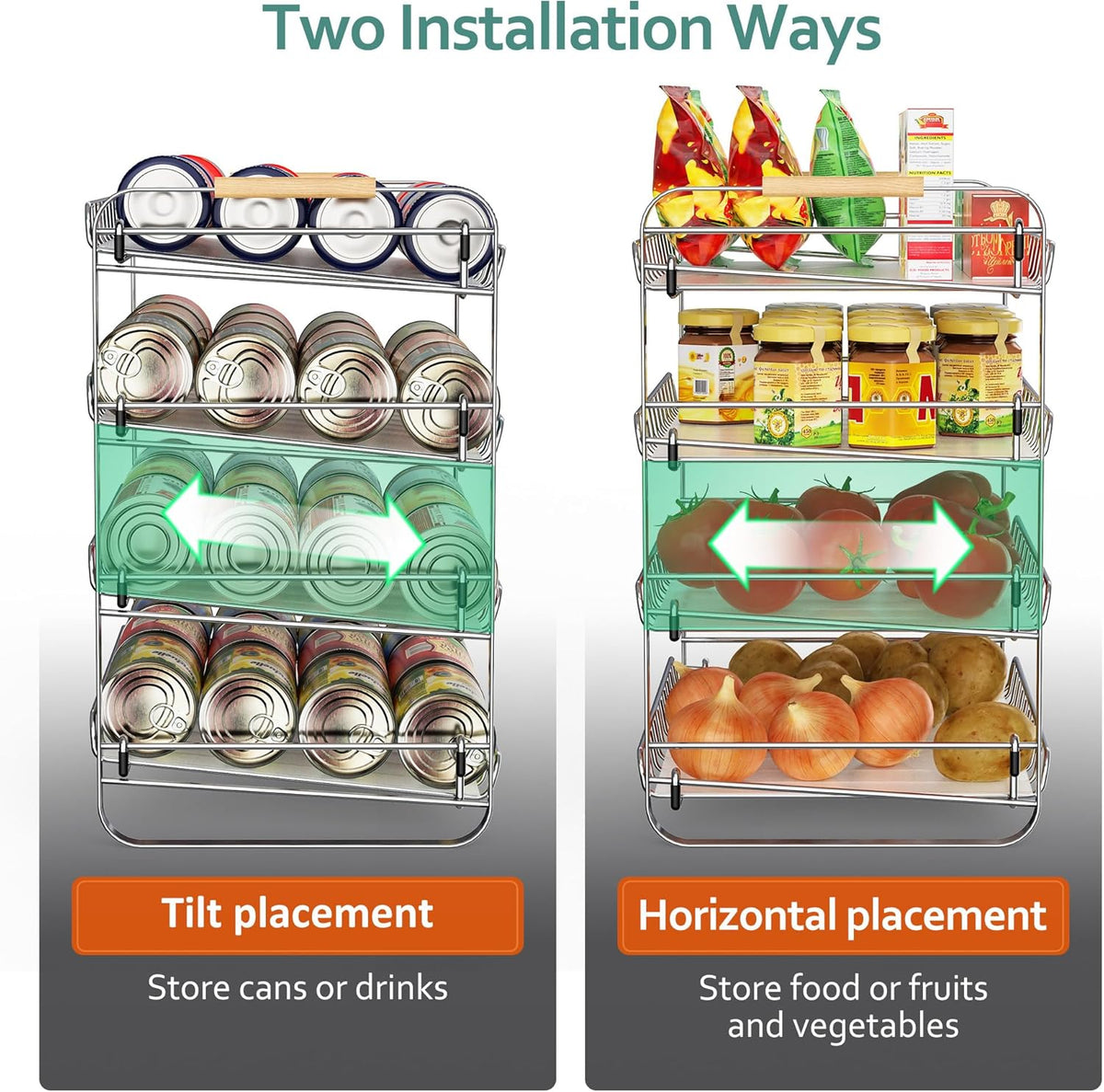 4 Tier Can Organizer for Pantry, 16.9" W×11.5" D×16.7" H, Space-Saving Adjustable Metal Hold 40 Standard 12-oz Cans Storage Rack Holder for Countertop Kitchen Soda Drinks Fruits, Chrome