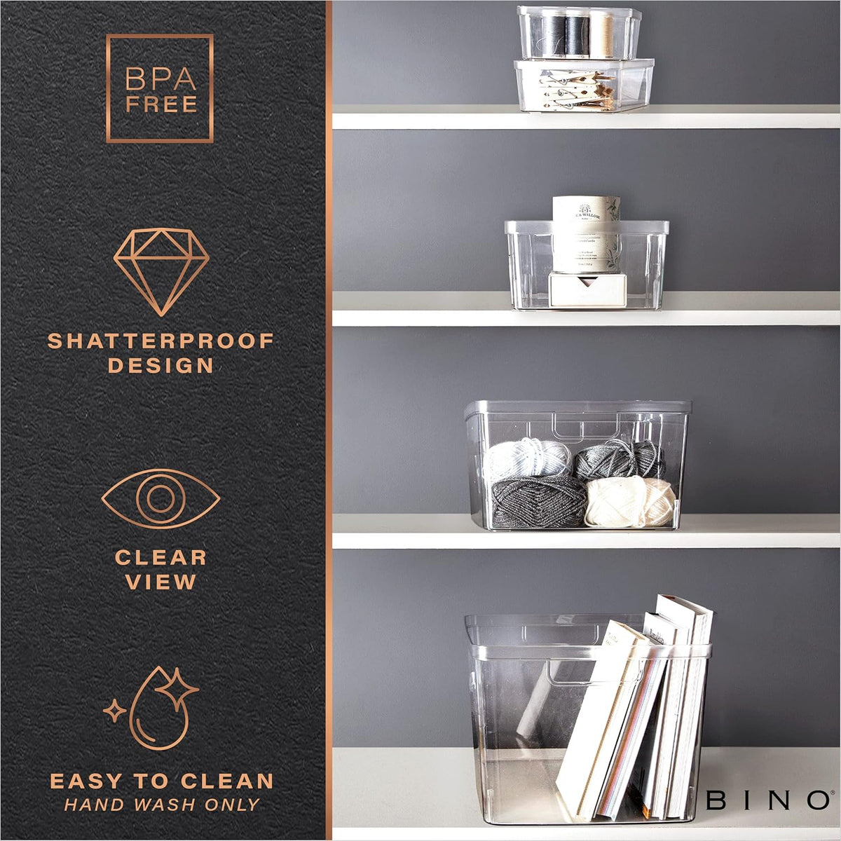 BINO | Plastic Storage Bins, X-Small - 5 Pack | THE LUCID COLLECTION | Multi-Use Built-In Handles BPA-Free Clear Storage Containers | Fridge Organizer | Pantry & Home Organization