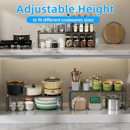 Cabinet Shelves, 2 Pack Stackable Shelves for Pantry Storage | Expandable & Height Adjustable Cabinet Organizer Shelf | Metal Shelf Organizer | Black Spice Rack for Pantry Storage