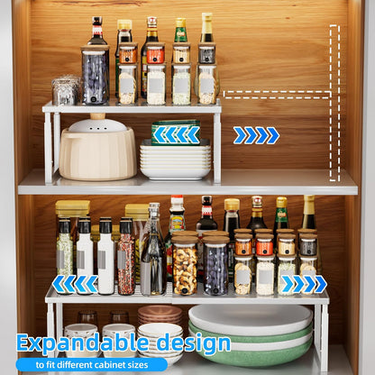 Cabinet Shelves, 2 Pack Stackable Shelves for Pantry Storage | Expandable & Height Adjustable Cabinet Organizer Shelf | Metal Shelf Organizer | Black Spice Rack for Pantry Storage