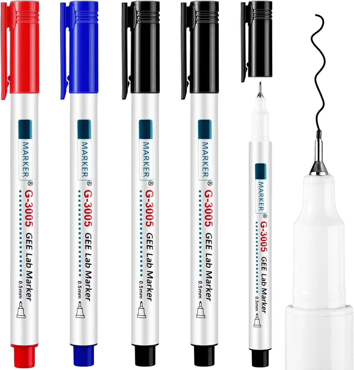 5 Pcs Alcohol Resistant Laboratory Markers, 0.5mm Fine Point Black Permanent Freezer Pens, Designed for Industrial, Lab and Hospital Use (3 Black & 1 Red & 1 Blue)