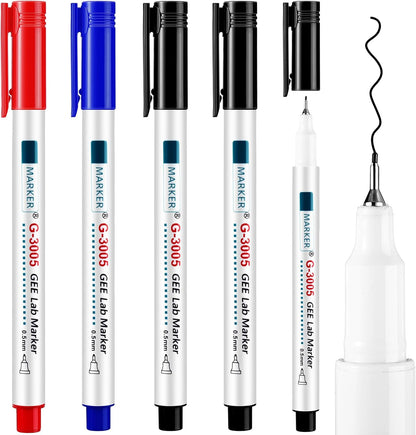 5 Pcs Alcohol Resistant Laboratory Markers, 0.5mm Fine Point Black Permanent Freezer Pens, Designed for Industrial, Lab and Hospital Use (3 Black & 1 Red & 1 Blue)