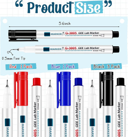 5 Pcs Alcohol Resistant Laboratory Markers, 0.5mm Fine Point Black Permanent Freezer Pens, Designed for Industrial, Lab and Hospital Use (3 Black & 1 Red & 1 Blue)
