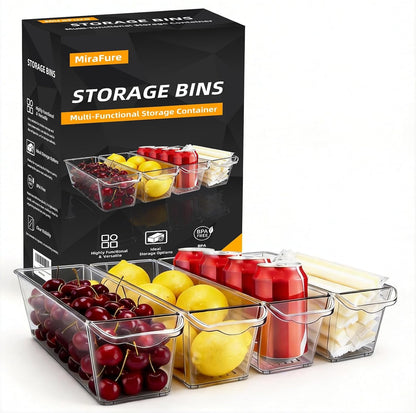 4 Pack Slim Fridge Organizer Bins, BPA Free Clear Refrigerator Storage Containers, Clear Pantry Organization & Cabinet Bins with Handles, Narrow Freezer Bin for Kitchen, Mini Fridge