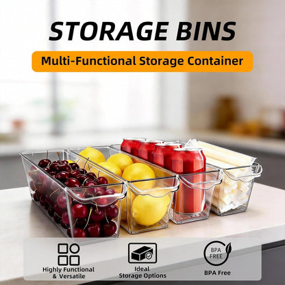 4 Pack Slim Fridge Organizer Bins, BPA Free Clear Refrigerator Storage Containers, Clear Pantry Organization & Cabinet Bins with Handles, Narrow Freezer Bin for Kitchen, Mini Fridge