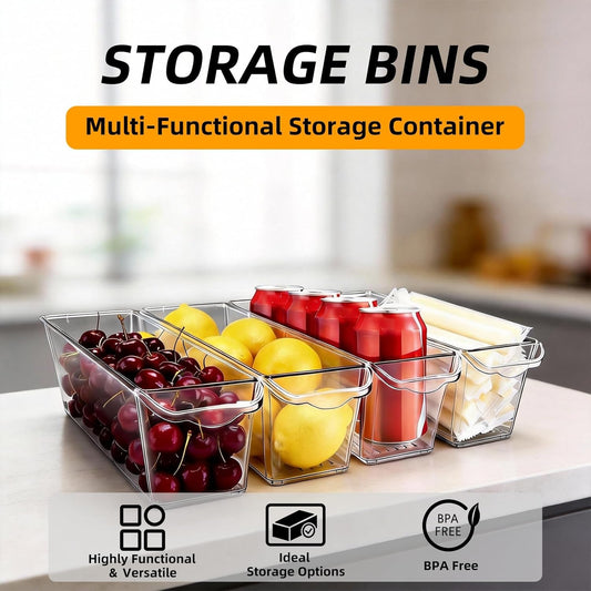 4 Pack Slim Fridge Organizer Bins, BPA Free Clear Refrigerator Storage Containers, Clear Pantry Organization & Cabinet Bins with Handles, Narrow Freezer Bin for Kitchen, Mini Fridge