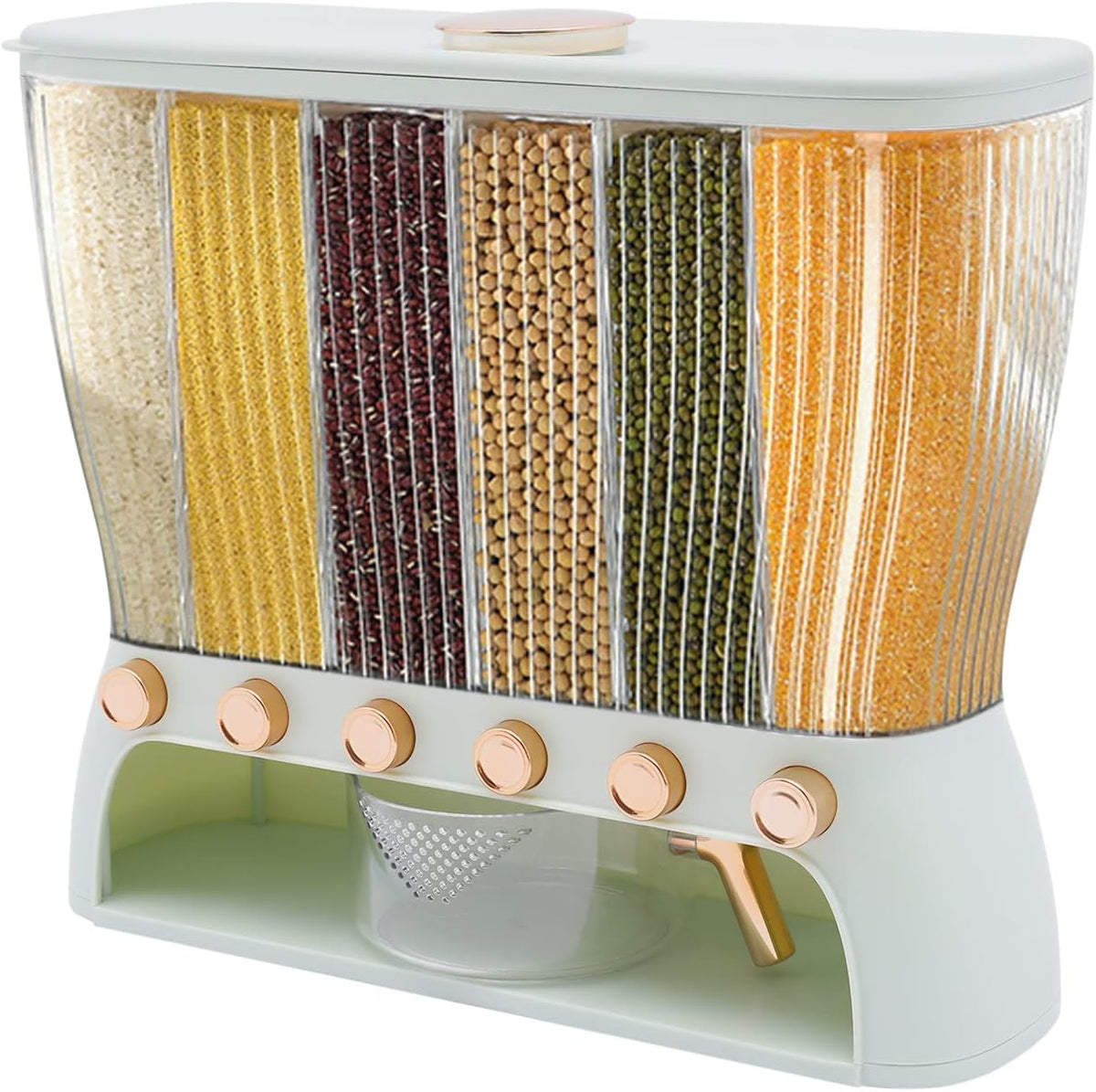 6 Grids Rice & Grain Storage Container 22.05 Pounds Rice Dispenser Food Dispenser Grain Dispenser One-Button Pressing Storage Bucket for Grains Snacks Candy Coffee Beans Dog (light green)