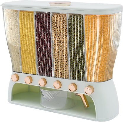 6 Grids Rice & Grain Storage Container 22.05 Pounds Rice Dispenser Food Dispenser Grain Dispenser One-Button Pressing Storage Bucket for Grains Snacks Candy Coffee Beans Dog (light green)