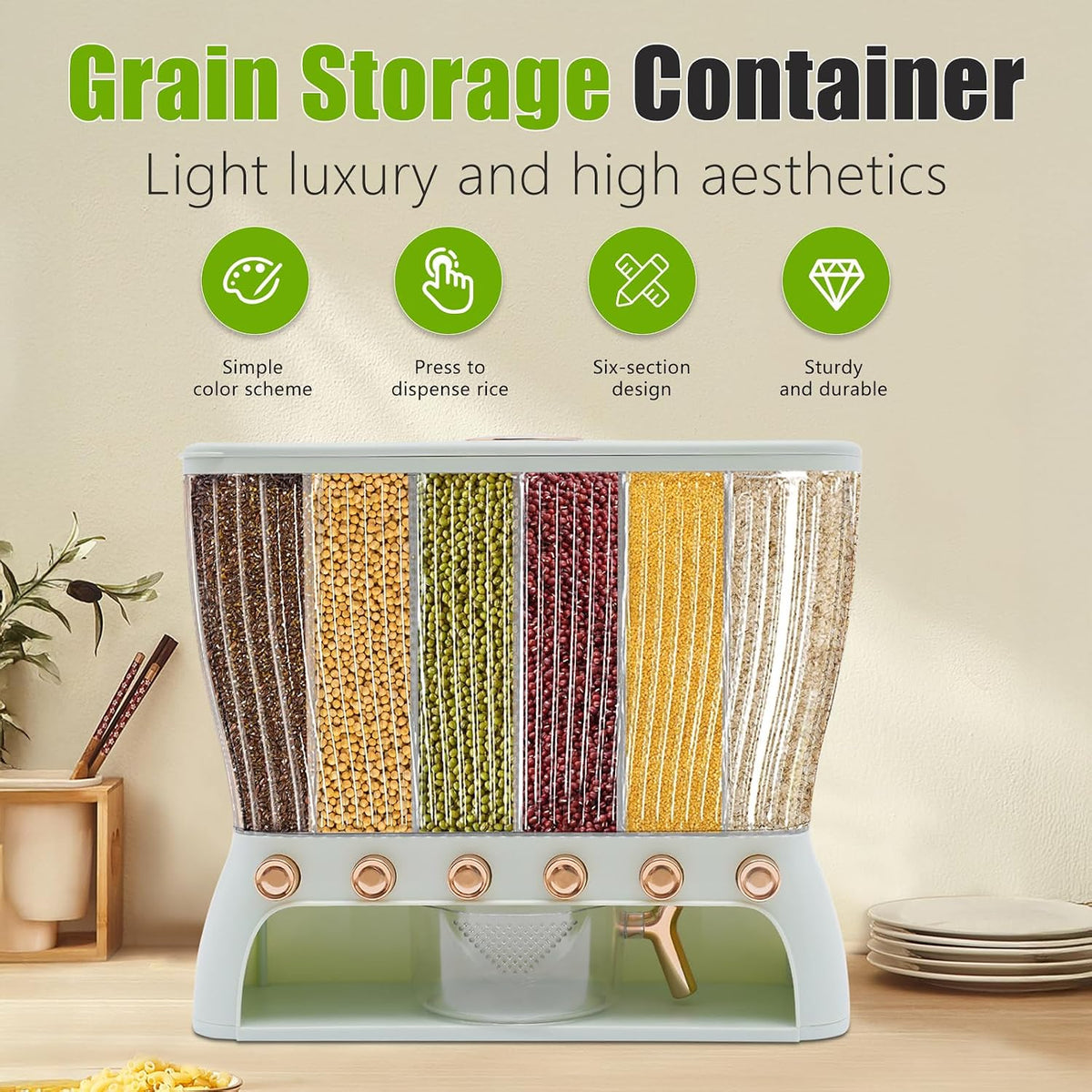 6 Grids Rice & Grain Storage Container 22.05 Pounds Rice Dispenser Food Dispenser Grain Dispenser One-Button Pressing Storage Bucket for Grains Snacks Candy Coffee Beans Dog (light green)